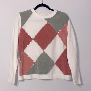GUC Crew Neck Alfred Dunner Argyle Sweater White Pink Green Sequin Petite XL